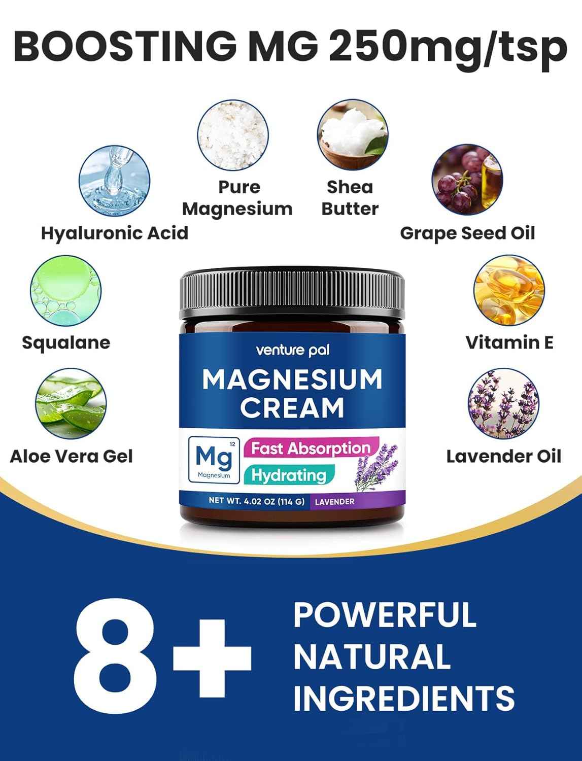 Venture Pal Topical Magnesium Cream, Fast-Absorbing Magnesium Moisturizing Lotion, Shea Butter & Hyaluronic Acid, Suitable for Kids