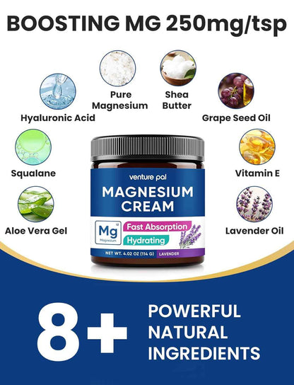 Venture Pal Topical Magnesium Cream, Fast-Absorbing Magnesium Moisturizing Lotion, Shea Butter & Hyaluronic Acid, Suitable for Kids