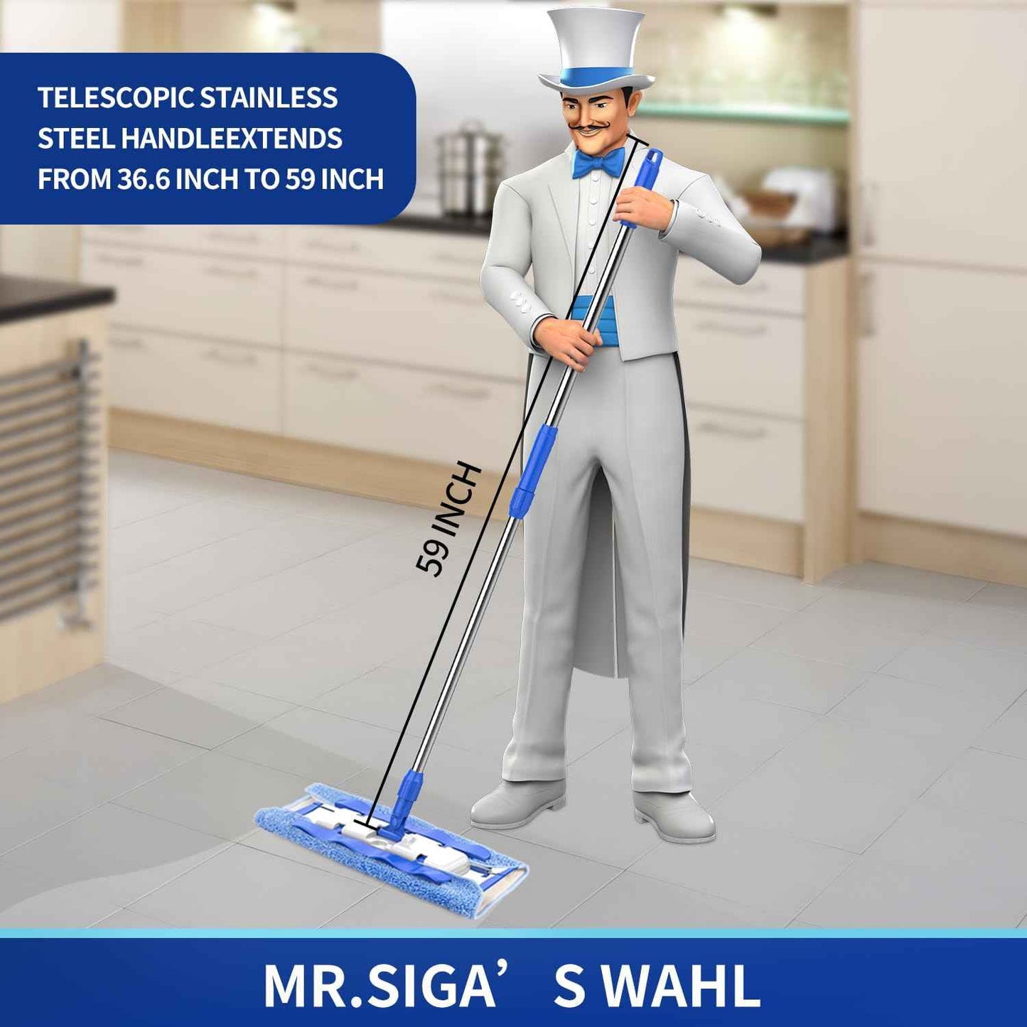MR.SIGA Professional Microfiber Mop for Hardwood, Laminate, Tile Floor Cleaning, Stainless Steel Telescopic Handle
