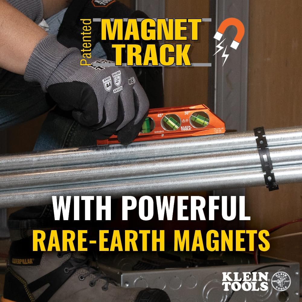 Klein_Tools_935AB4V_Level,_6-Inch_Magnetic_Torpedo_and_Conduit_Level_with_0/30/45/90_Degree_Vials,_V-Groove_and_Magnet_Track,_High_Visibility_Orange