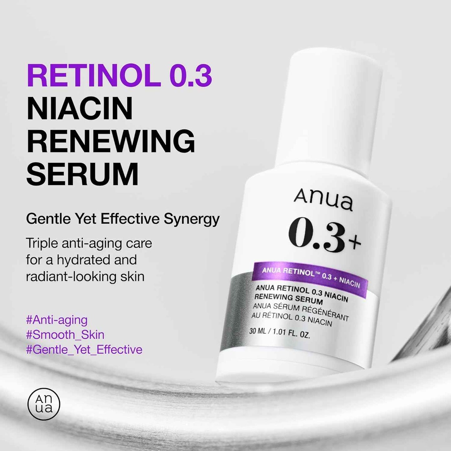 Anua Retinol Serum for Smooth & Renewed Texture, 0.3% Retinol, 5% Niacinamide, Hydration & Glass Skin, Gentle for Beginners, Korean Skincare, 1.01 fl oz