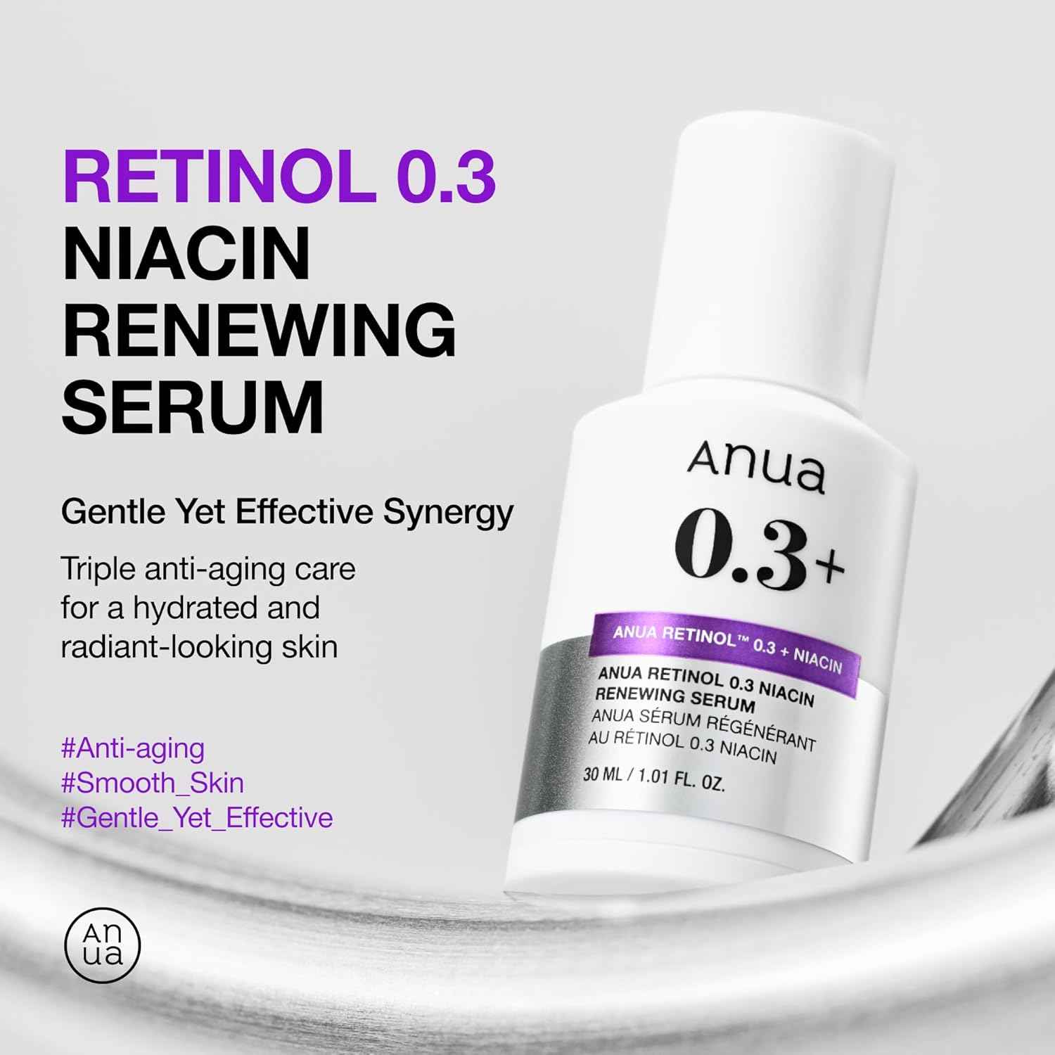 Anua Retinol Serum for Smooth & Renewed Texture, 0.3% Retinol, 5% Niacinamide, Hydration & Glass Skin, Gentle for Beginners, Korean Skincare, 1.01 fl oz