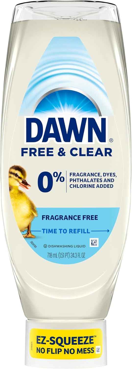 Dawn Free & Clear EZ-Squeeze Dish Soap Liquid, Dishwashing Liquid, Grease Removal, Upside Down Bottle, Unscented, 24.3 Fl Oz