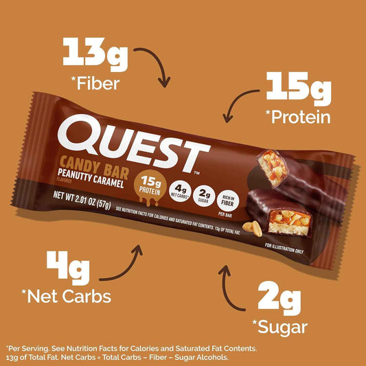 Quest Nutrition Protein Bar, Peanutty Caramel Flavor, 15g Protein, 2g Sugar, Low Sugar, Gluten Free, 12 Count