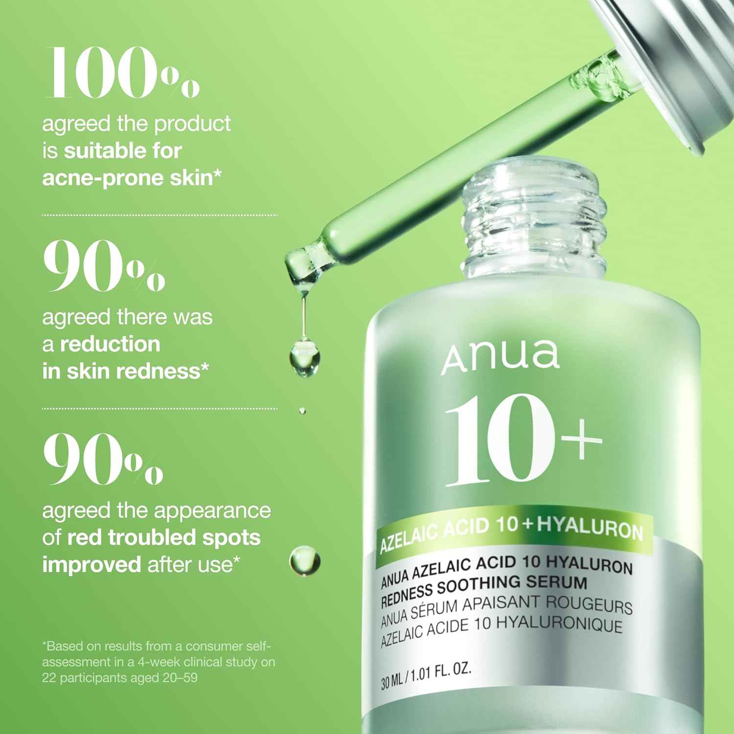 Anua Azelaic Acid 10 Hyaluron Redness Soothing Serum, Facial Serum for Blemish-Prone & Oily-Prone Skin, Lightweight & Hydrating Blemish Care, Hyaluronic Acid, Korean Skincare, 1.01 fl oz.
