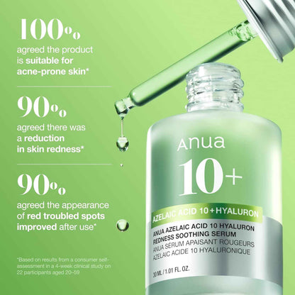 Anua Azelaic Acid 10 Hyaluron Redness Soothing Serum, Facial Serum for Blemish-Prone & Oily-Prone Skin, Lightweight & Hydrating Blemish Care, Hyaluronic Acid, Korean Skincare, 1.01 fl oz.