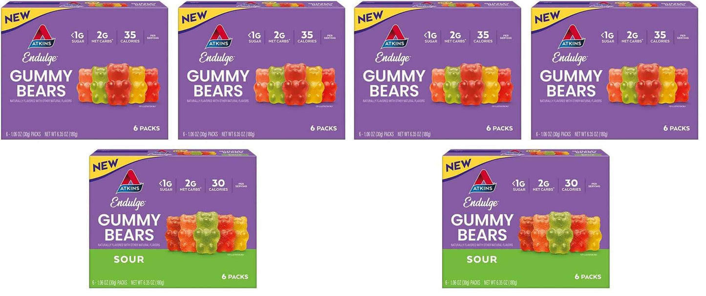 Atkins Endulge Gummy Bears Variety Pack, Low Sugar, Keto Friendly Candy, 18 Pack (12 Sweet Gummy Bears, 6 Sour Gummy Bears)