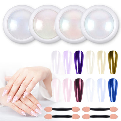 Artdone 4 Jars Chrome Nail Powder Metallic Mirror Effect Pigment Chrome Iridescent Aurora Nail Glitter Mermaid White Pearl Glitter Dust Kit for Gel Polish Nail Art Decoration, Resin Craft