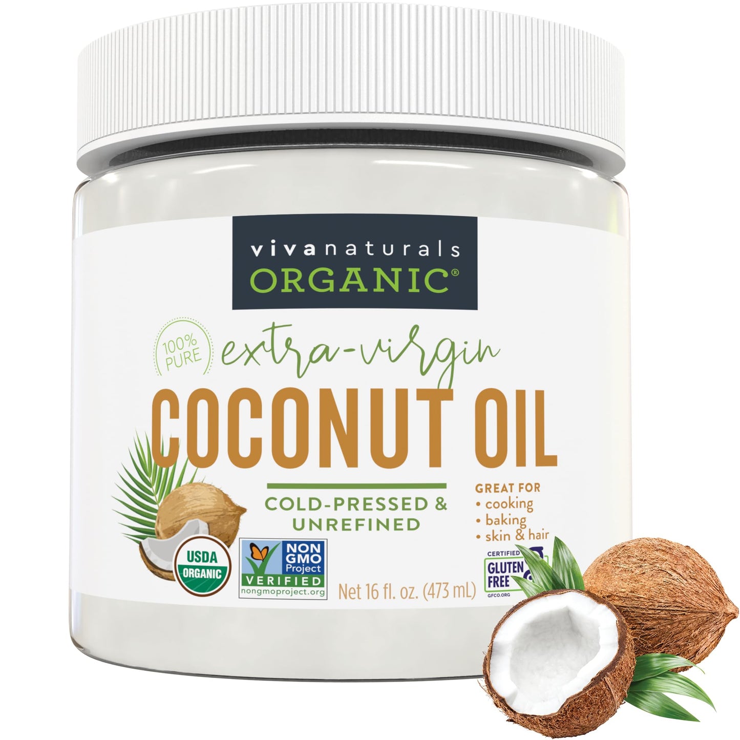 Viva Naturals Organic Coconut Oil, 16 fl oz – Unrefined, Cold-Pressed Extra Virgin Coconut Oil, USDA Organic &amp;amp; Non-GMO, Natural Cooking Oil, Hair Oil &amp;amp; Skin Oil