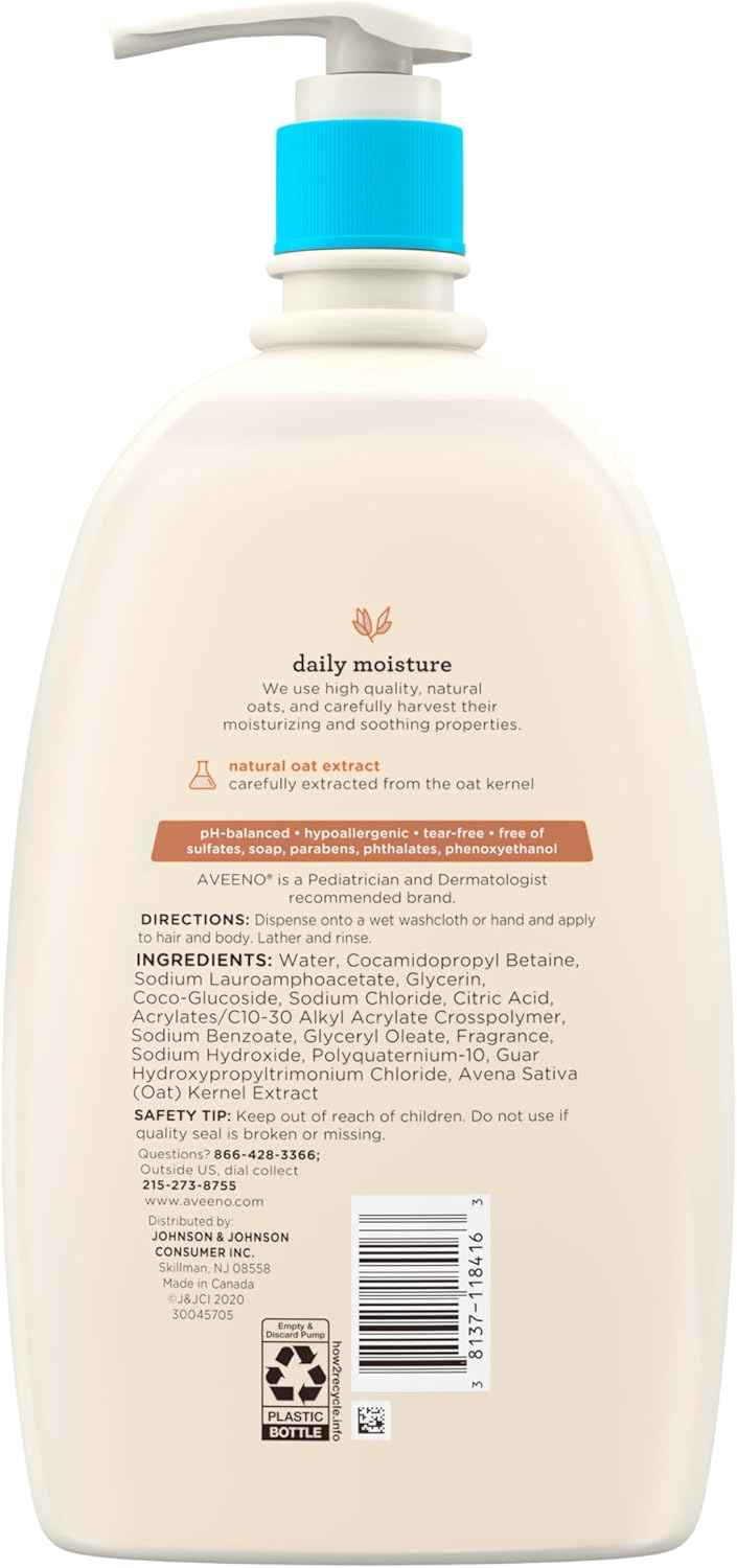 Aveeno Baby Daily Moisture Body Wash & Shampoo with Oat Extract, Hypoallergenic, Tear-Free, No Added Parabens, pH-Balanced Formula For Sensitive Hair & Skin, Baby Essentials