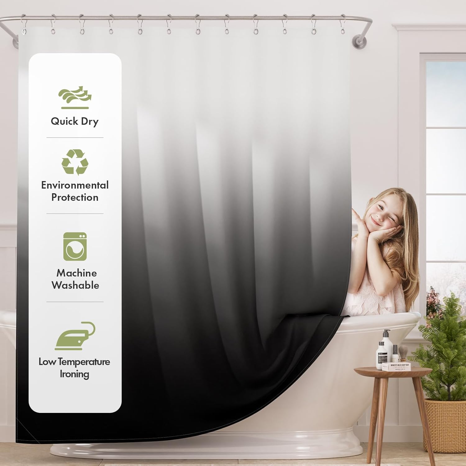 AmazerBath_Shower_Curtain,_Cloth_Ombre_Black_Shower_Curtain_Set_with_12_Hooks,_Washable_Fabric_Black_and_White_Shower_Curtain,_Rustic_Farmhouse_Bathroom_Shower_Curtain,_72x72_Inches