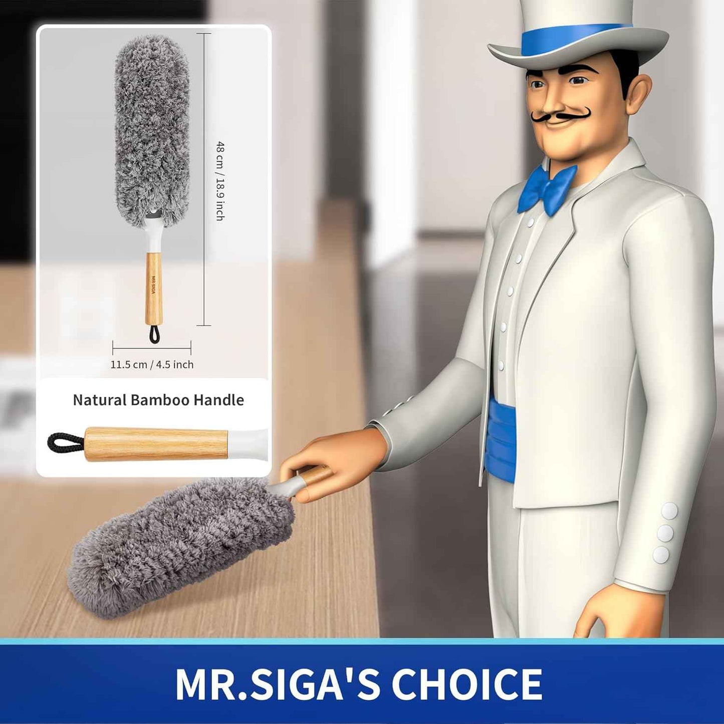 MR.SIGA Lint Free Microfiber Duster, Washable and Reusable Duster with Bamboo Handle and Replaceable Head, Duster for Household Cleaning