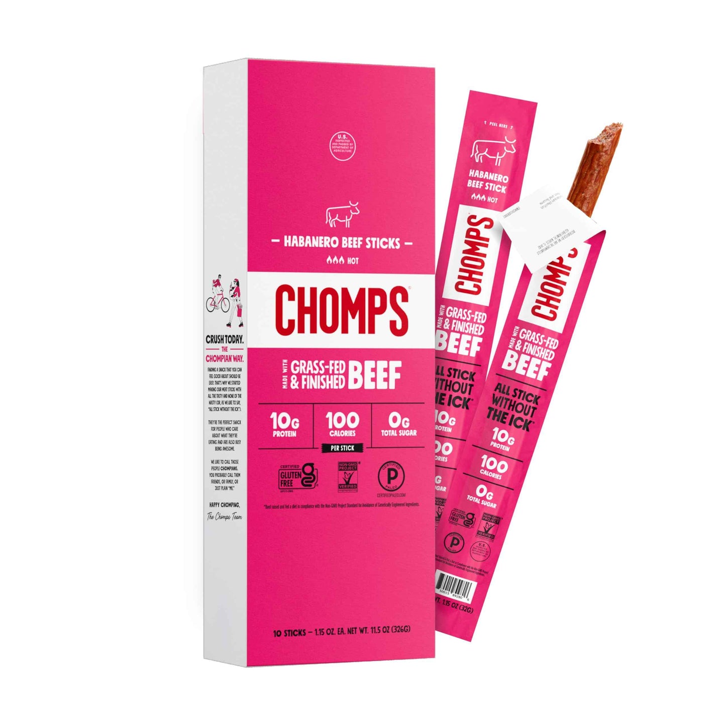 Chomps Grass-Fed and Finished Jerky Snack Sticks 10-Pack - Keto, Paleo, Whole30, 10g Lean Meat Protein, Gluten-Free, Zero Sugar Food, Non-GMO