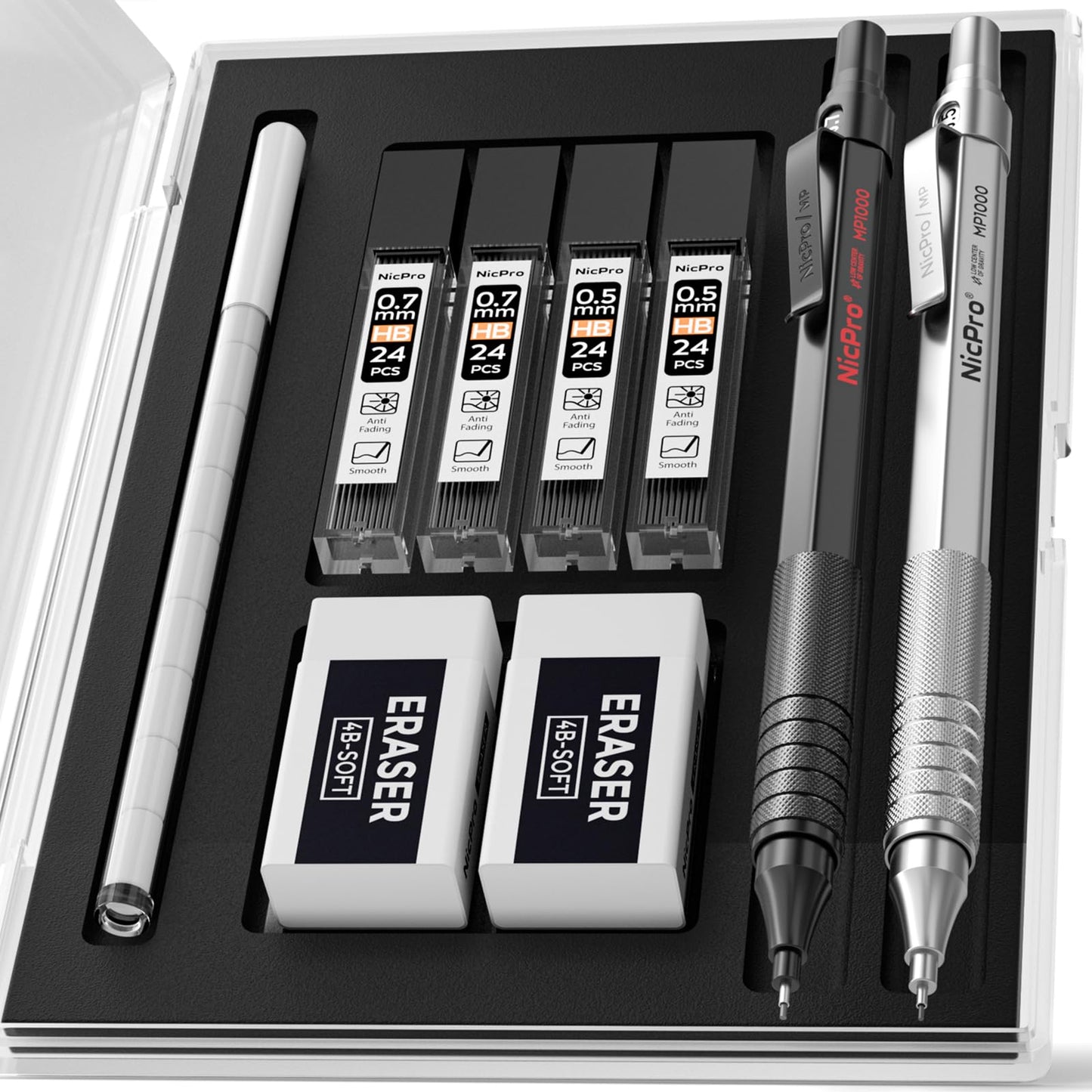 Nicpro 2 PCS Mechanical Pencils 0.5mm &amp;amp; 0.7 mm with Case, MP1000 Metal Artist Pencil Set with 4 Tubes HB Lead Refills, 2 Erasers, 9 Eraser Refills For Art Writing Drafting Drawing, Black &amp;amp; Silver