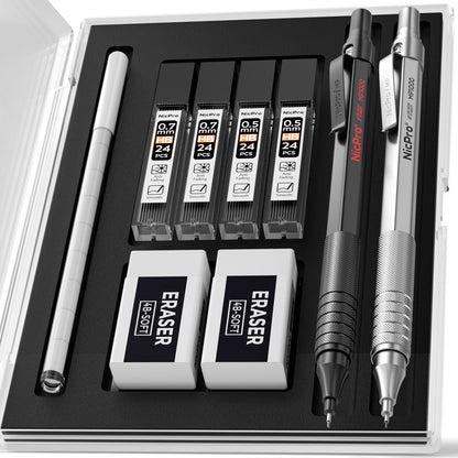 Nicpro 2 PCS Mechanical Pencils 0.5mm &amp;amp; 0.7 mm with Case, MP1000 Metal Artist Pencil Set with 4 Tubes HB Lead Refills, 2 Erasers, 9 Eraser Refills For Art Writing Drafting Drawing, Black &amp;amp; Silver