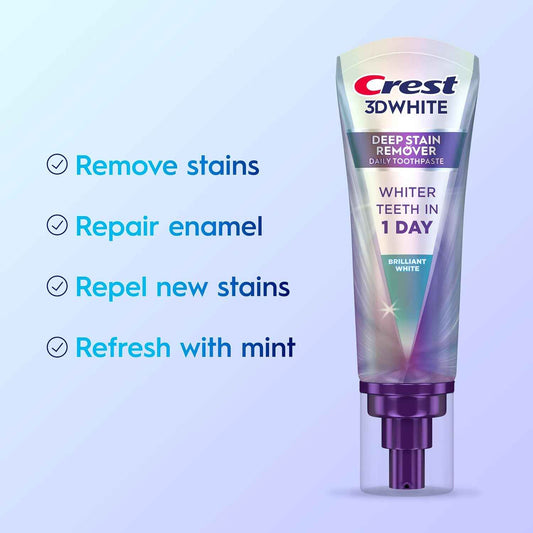 Crest 3D White Deep Stain Remover Toothpaste, Teeth whitening for Adults, 3.1oz, 2 Pack, Sensitivity Safe, Enamel Repair, Cavity Protection, Fluoride Toothpaste, Travel Size Toiletries