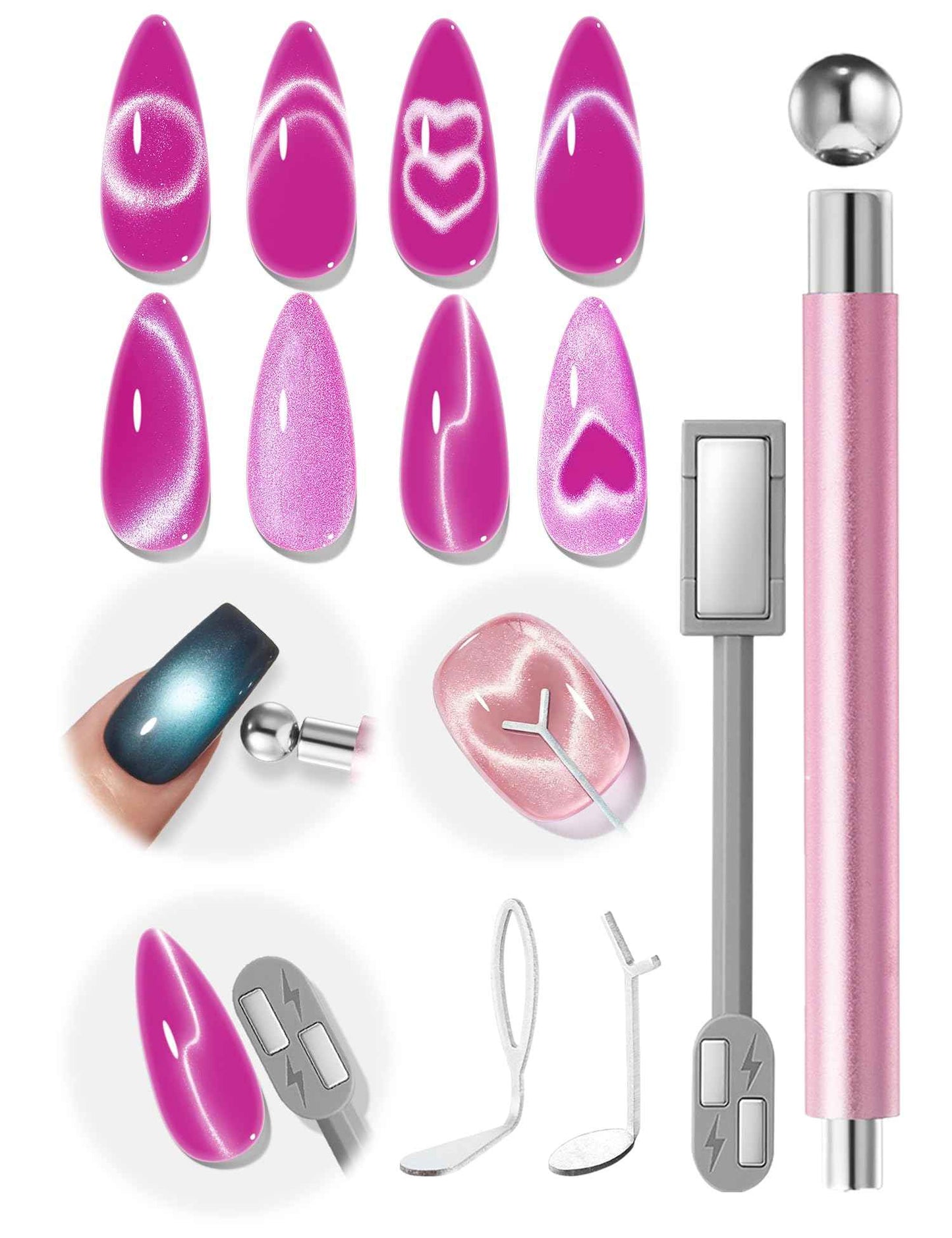 modelones Cat Eye Magnet Set, 15PCS French Cateye Gel Nail Polish Magnet Nail Art Tools Set Heart Magnet for Cat Eye Magnet Square Round Magnet Stick Diverse Glassy Cateye Effect for Women
