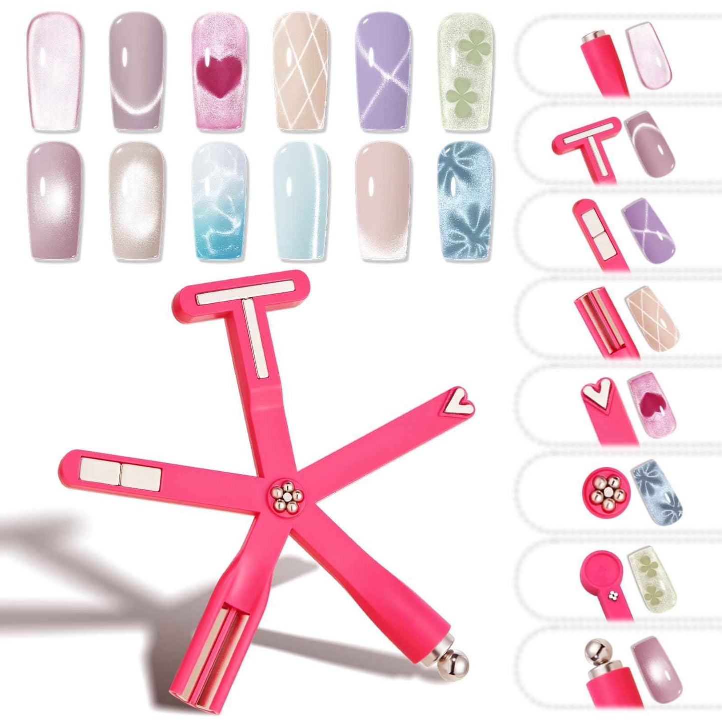 modelones Cat Eye Magnet Set, 15PCS French Cateye Gel Nail Polish Magnet Nail Art Tools Set Heart Magnet for Cat Eye Magnet Square Round Magnet Stick Diverse Glassy Cateye Effect for Women