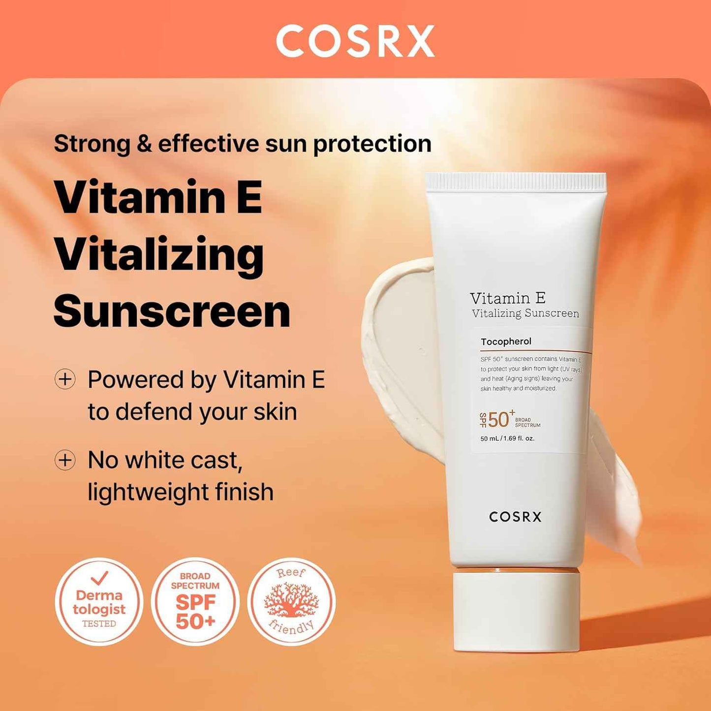 COSRX Vitamin E Vitalizing Sunscreen,SPF 50 Face Sunscreen, Lightweight, Non-Sticky, No White Cast, Hydrating, Beach Essentials, Travel Essentials, Korean Skincare, Mothers Day Gift for Mom1.69 fl oz