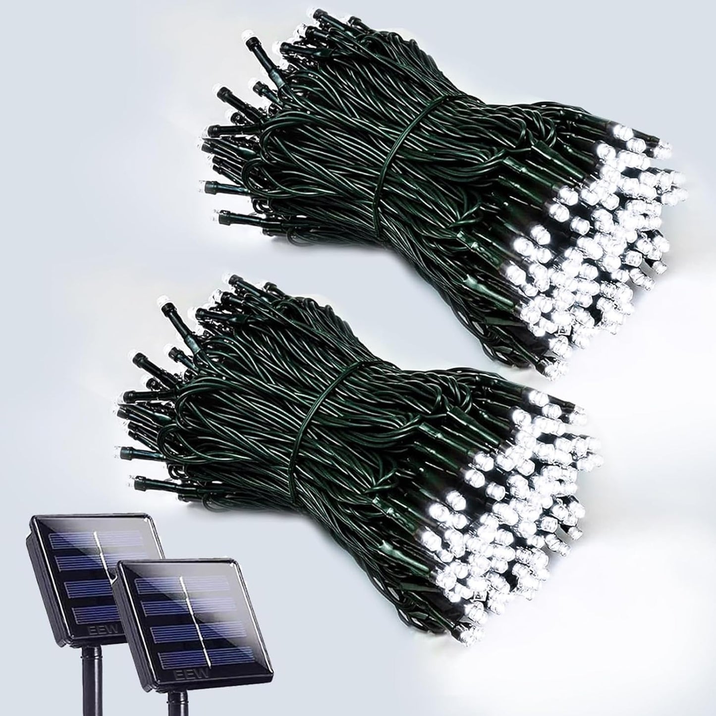 EEW 2-Pack 200 LED Solar String Lights Outdoor, Solar Christmas Lights with 8 Lighting Modes, Waterproof Green Wire Solar Powered Light for Outside Xmas Tree Party Garden Decorations (Cool White)