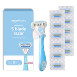 Basics 5-Blade Razor for Women, Handle, 12 Cartridges & Shower Hanger (Cartridges fit Basics Razor Handles only) 14 Piece Set, Blue