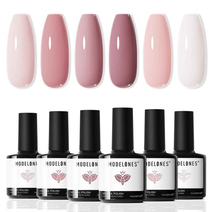 modelones Gel Nail Polish Set - 6 Colors Nude Pink Milky White Gel Polish Set Light Neutral Pink Nail Polish Barely Pink Soak Off LED Starter Kit Popular Nail Art DIY Manicure Gifts