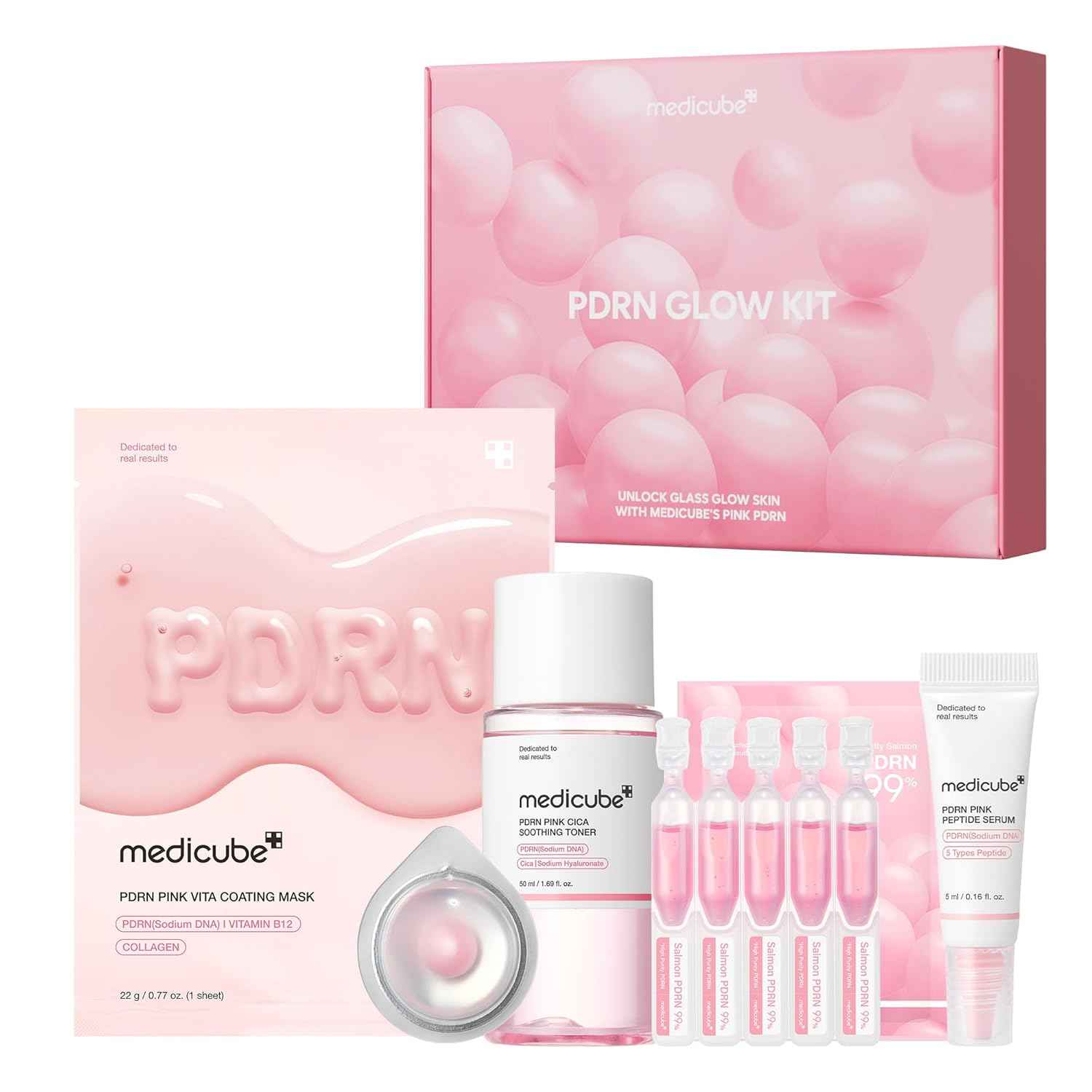 medicube Salmon DNA PDRN Trial Kit | Glass Glow Mini Skincare Set with Toner, Serum & Sheet Mask for Hydrating, Firming, Moisturizing |Gift & Travel Essentials for Women & Girls | Korean Skincare