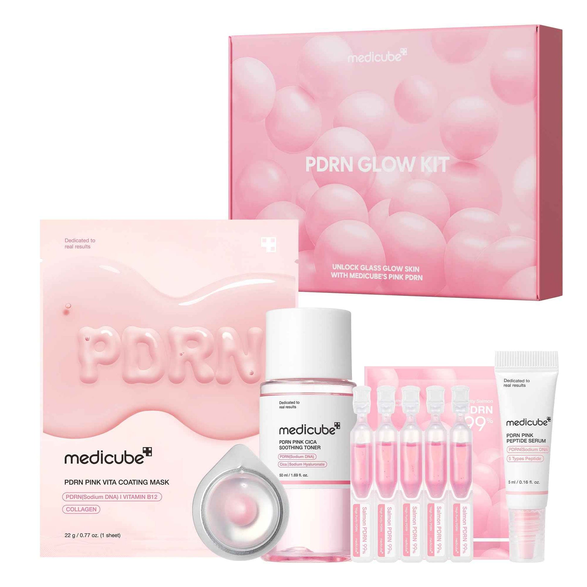 medicube Salmon DNA PDRN Trial Kit | Glass Glow Mini Skincare Set with Toner, Serum & Sheet Mask for Hydrating, Firming, Moisturizing |Gift & Travel Essentials for Women & Girls | Korean Skincare
