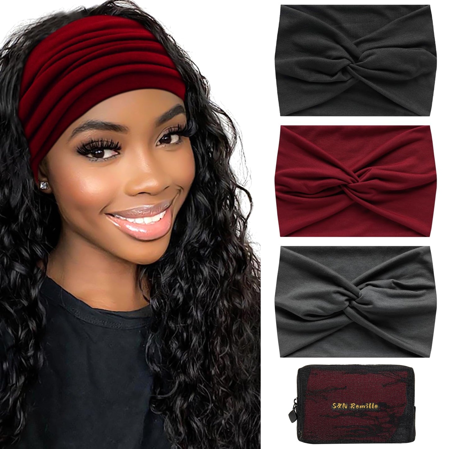 S&amp;amp;N Remille Wide Headbands for Women, Large Hairband, Elastic Non-Slip Headband Twist Knotted Accessories, Yoga Workout Vintage Hair 3 Pack (Colour-6)