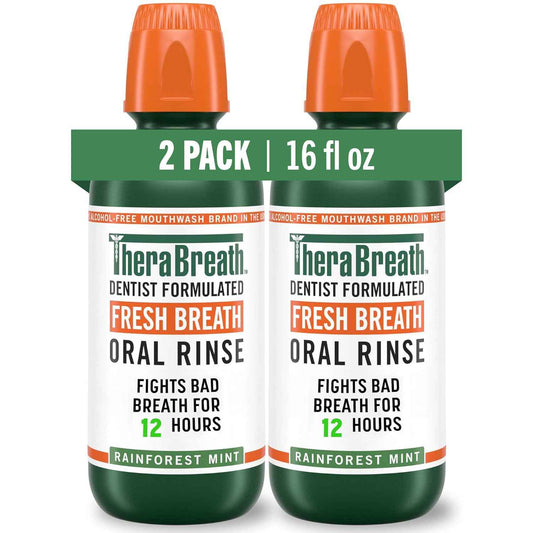 TheraBreath Fresh Breath Mouthwash, Rainforest Mint, Alcohol-Free, 16 Fl Oz (2-Pack)