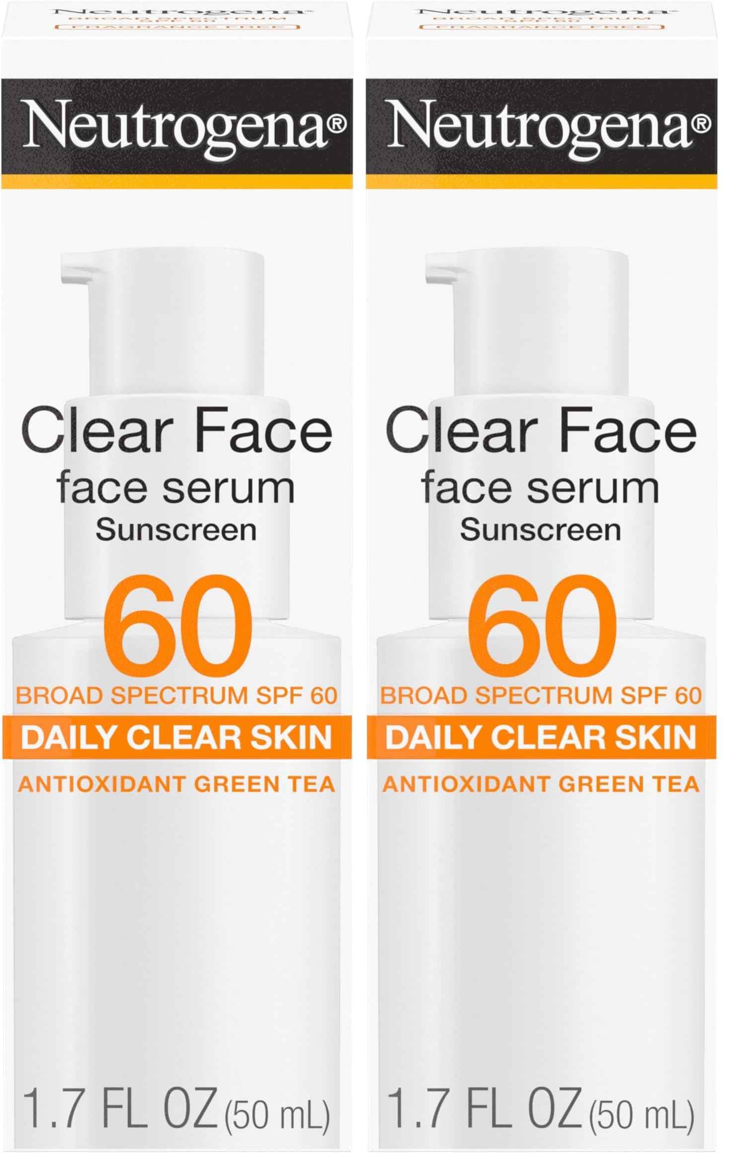Neutrogena Clear Face Serum Sunscreen with Green Tea, Broad Spectrum SPF 60, Non-Comedogenic Face Sunscreen for Lightweight UVA/UVB Protection, Oxybenzone- & Fragrance-Free, 1.7 fl. oz