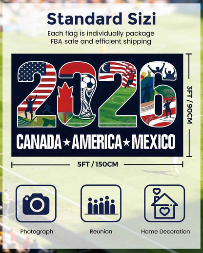 World Soccer Flag 2026 American Canada Mexico Football Supporters Banner, 5×3FT World Football Flags 2026 for Outdoor Terrace Decoration and Fan Gathering Events, Great Soccer Fans Gifts