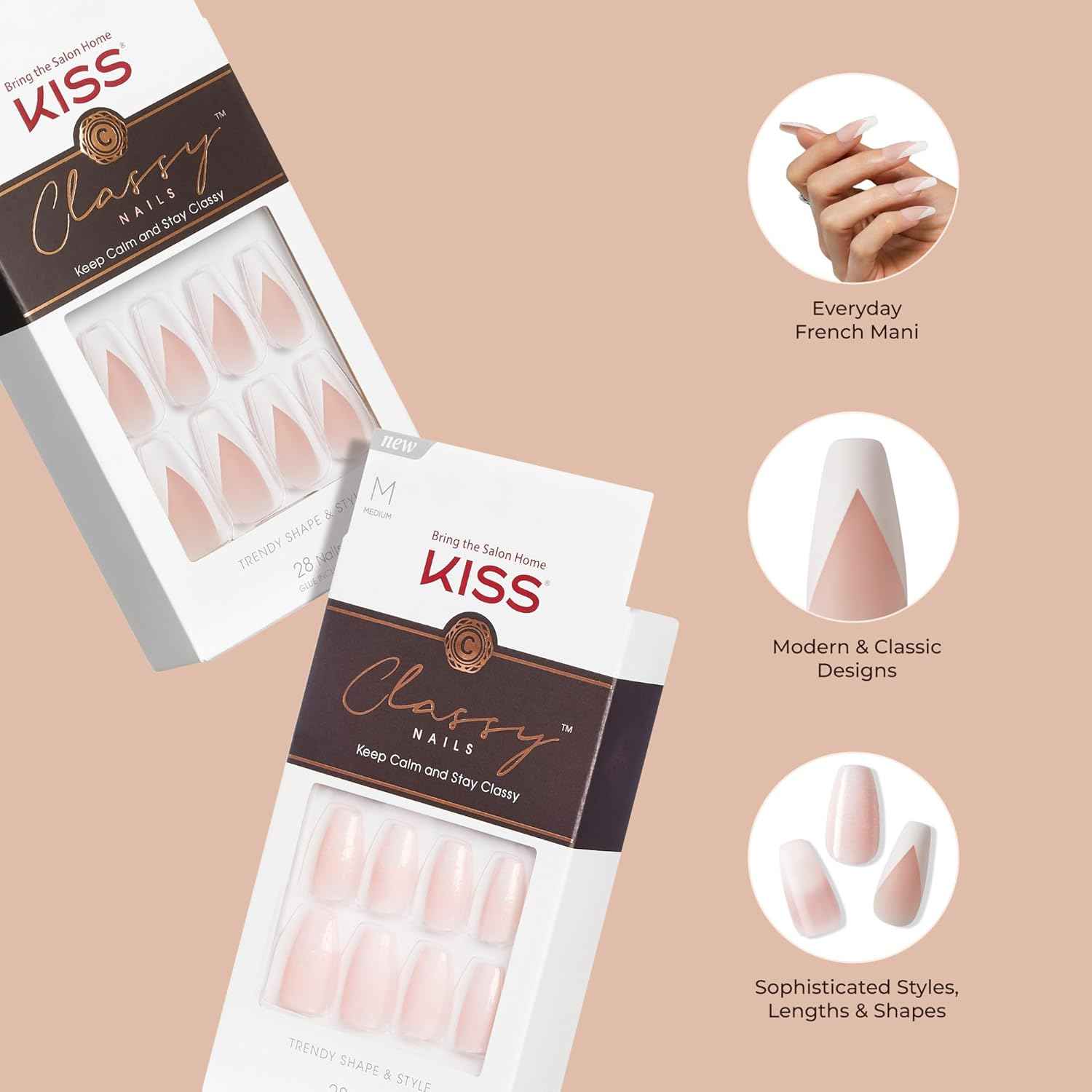 KISS Classy, Press On Nails, Nail glue included, White, Medium Size, Almond Shape, Includes 28 Nails, 2g glue, 1 Manicure Stick, 1 Mini File
