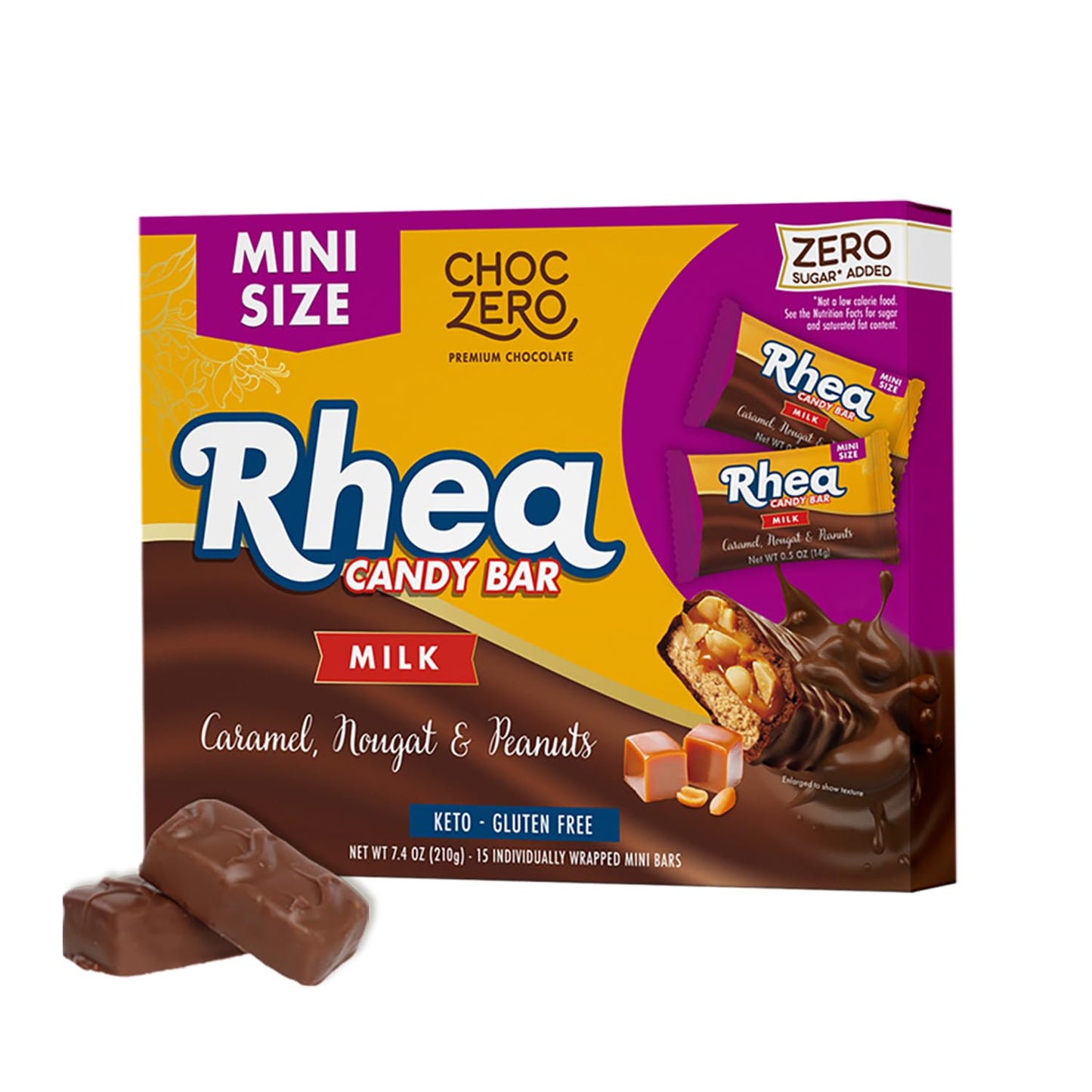ChocZero Milk Chocolate Caramel Peanut &amp;amp; Nougat Candy Bars, No Added Sugar, High Fiber, Gluten Free, Keto Friendly Mini Rhea Bars (0.5 Ounce Each, 15 Count Box)