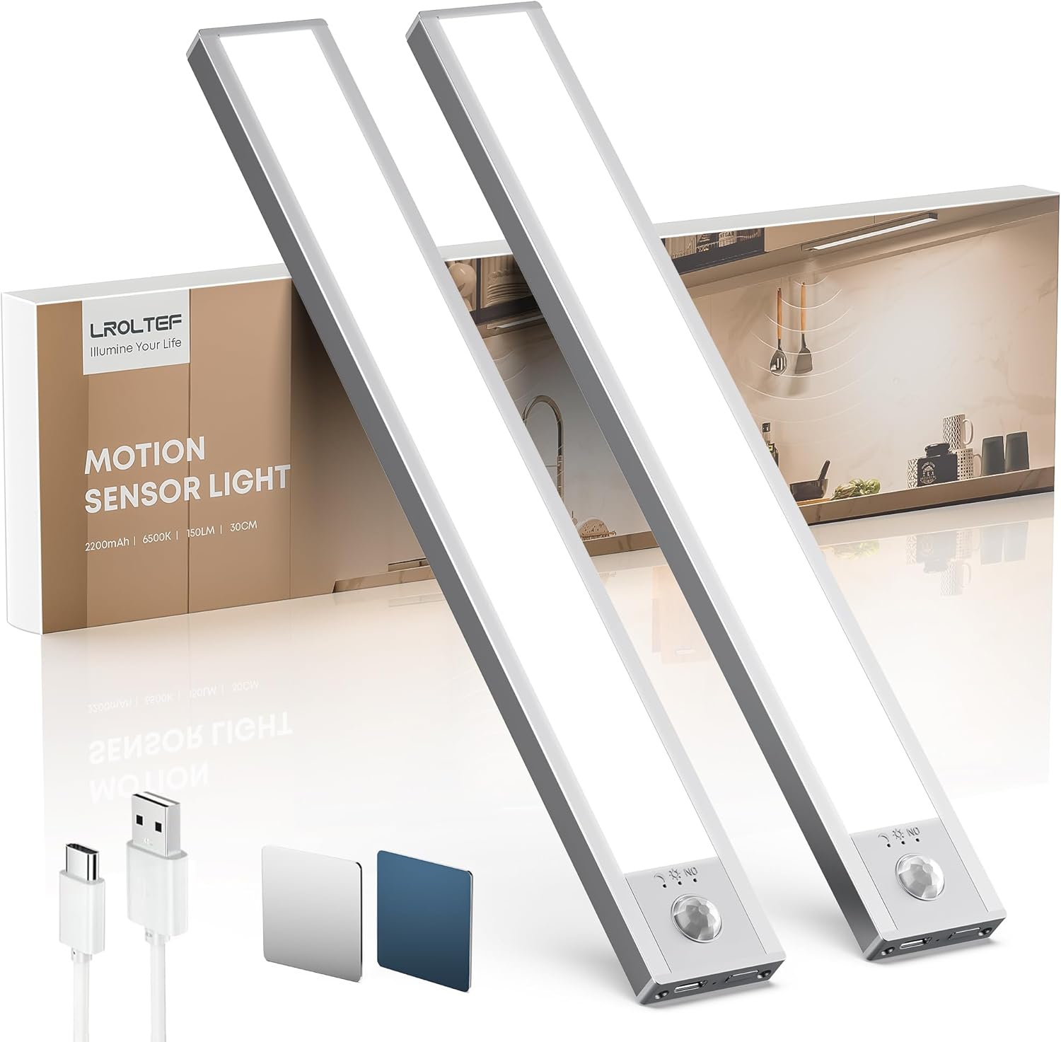 Under_Cabinet_Kitchen_Lights,_Motion_Sensor_Dimmable_30cm_2200mAh_6500K_LED_Under_Counter_Rechargeable_Wardrobe_Indoor_Night_Lights_for_Kitchen_Shelf_Stairs_Closet_2_Pack