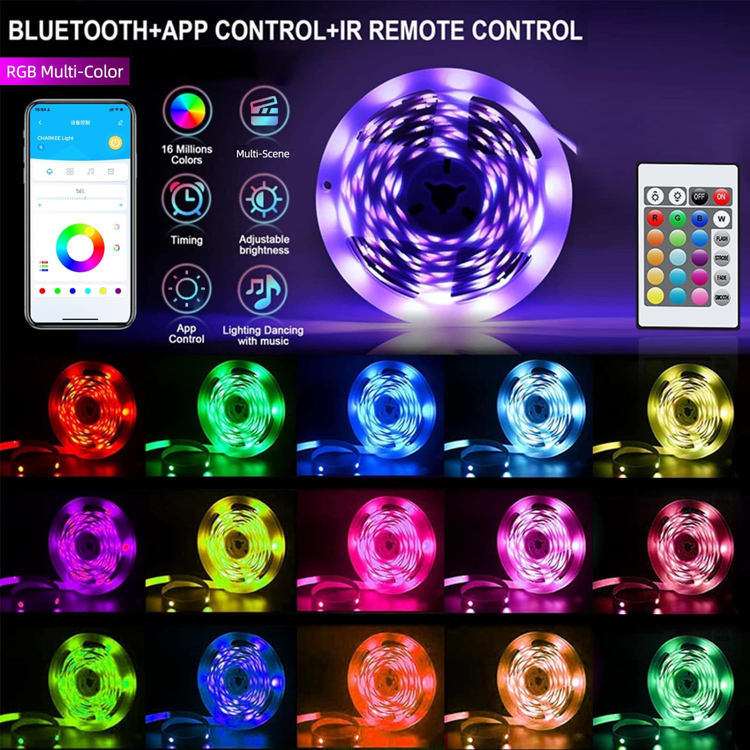 CHARKEE_130ft_LED_Strips_Lights_(65.6ft*2)_Full_Color_Sync_Music,_Dimmable_and_Color_Changing_RGB_LED_Strip_Lights,_24_Volt_Bluetooth_Flexible_LED_Lights_for_Bedroom,Family,DIY(Smart_App+Remote)