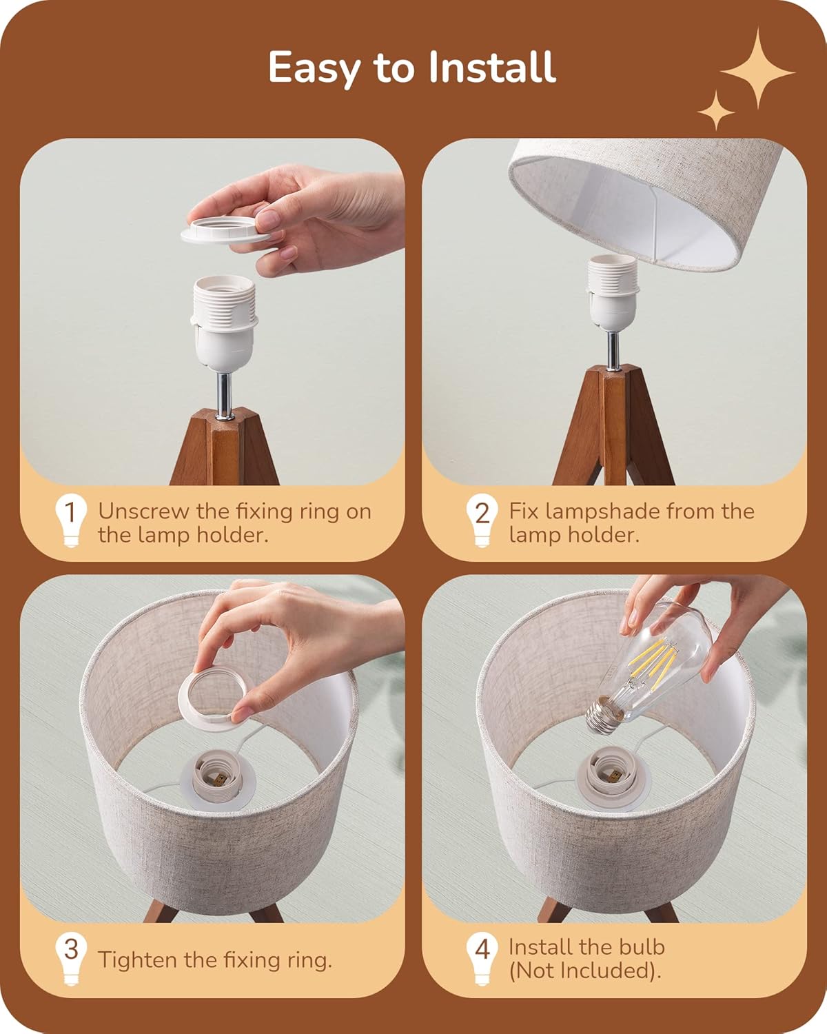 EDISHINE_Tripod_Table_Lamp,_Small_Cute_Bedside_Lamp_with_Linen_Beige_Lampshade,_Nightstand_Lamp_for_Nursery,_Bedroom,_Kid_Room,_Living_Room,_Light_Brown_Wooden_Base,_E26_Socket,_14.2_Inch