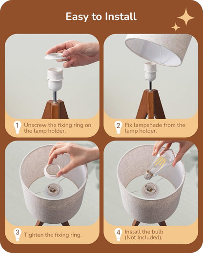 EDISHINE_Tripod_Table_Lamp,_Small_Cute_Bedside_Lamp_with_Linen_Beige_Lampshade,_Nightstand_Lamp_for_Nursery,_Bedroom,_Kid_Room,_Living_Room,_Light_Brown_Wooden_Base,_E26_Socket,_14.2_Inch