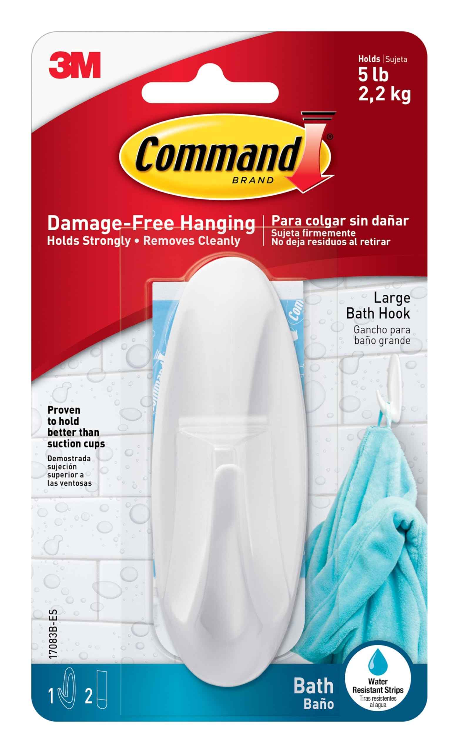Command Designer Bath Hooks, White, 2-Hooks with Water-Resistant Strips (17081B-ES), Organize Your Dorm