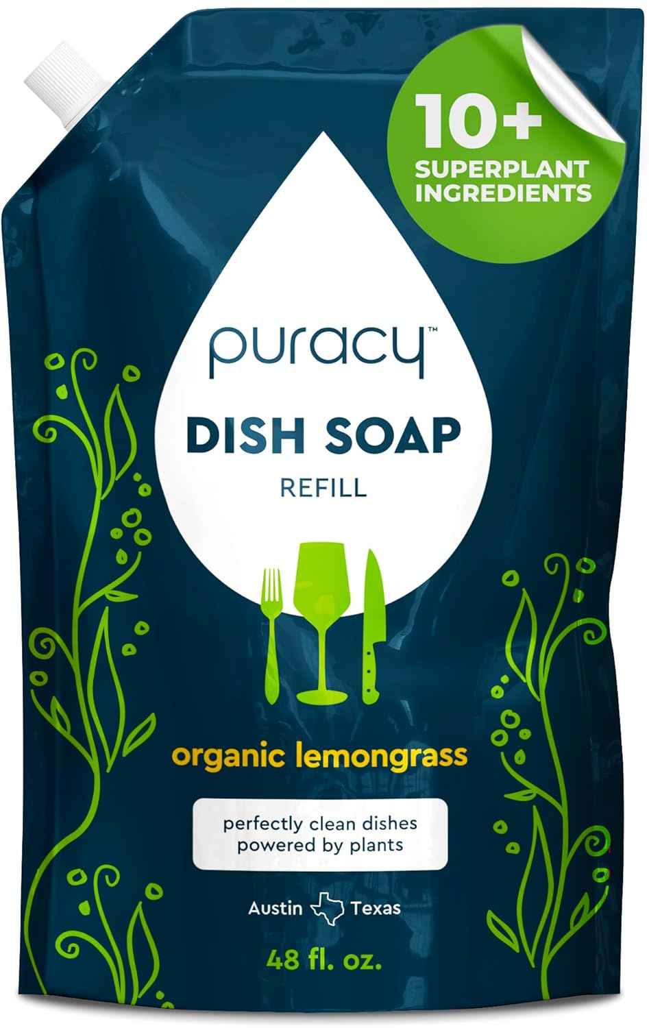 Puracy Natural Dish Soap Refill - Skin-Softening Plant-Based Liquid Dishwashing Detergent Soap, Clean-Rinsing Water-Sheeting Formula