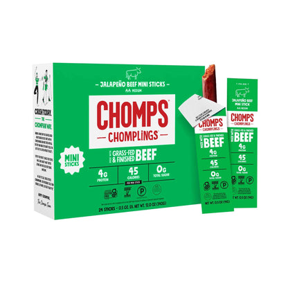 Chomps Snack Size Grass-Fed and Finished Jerky Snack Sticks 0.5oz 24-Pack - Keto, Paleo, Whole30, 4g Lean Meat Protein, Gluten-Free, Zero Sugar Food, Non-GMO Chomplings