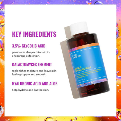 Good Molecules Glycolic Exfoliating Toner - Hyaluronic and Glycolic Acid Daily Toner for Face - Cleansing Facial Exfoliant for Glowing Even Skin Tone, Skin Care