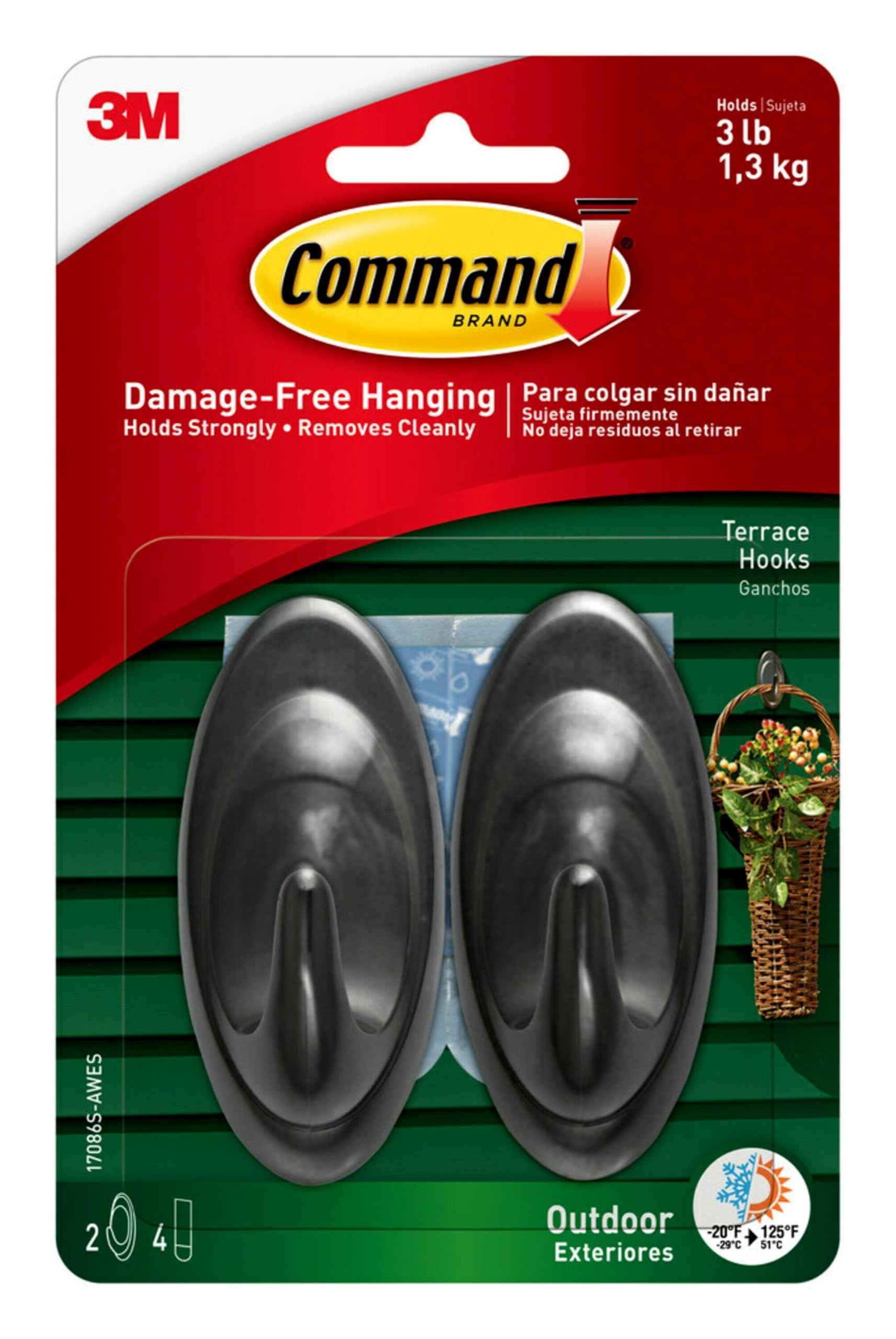 Command Terrace Hooks, 2 Hooks and 4 Strips, Damage-Free Hanging Wall Hook for Wall Decor, Holds up to 3 lb