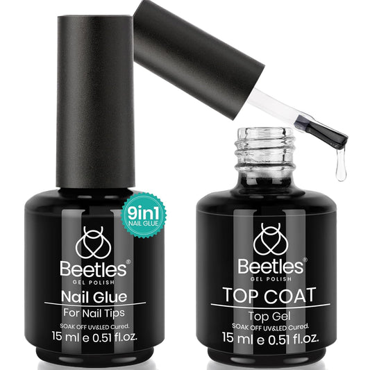 Beetles_Gel_Nail_Glue_and_No_Wipe_Top_Coat_Kit,_2Pcs_15ml_9_In_1_UV_Nail_Glue_for_Acrylic_Nail_Tips_Clear_Press_On_Nails,_Easy_Nail_Extension_Gel,_Soak_Off_LED_Shine_Finish_DIY_Home_Manicure