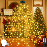 2025 New Christmas Tree Lights with Voice Control Outdoor/Indoor, 480LED 8FT 16 Lines Cascading Twinkle Lights Green Wire,12 Modes & Timer, Waterproof Waterfall Lights for Xmas Decor (Warm White)