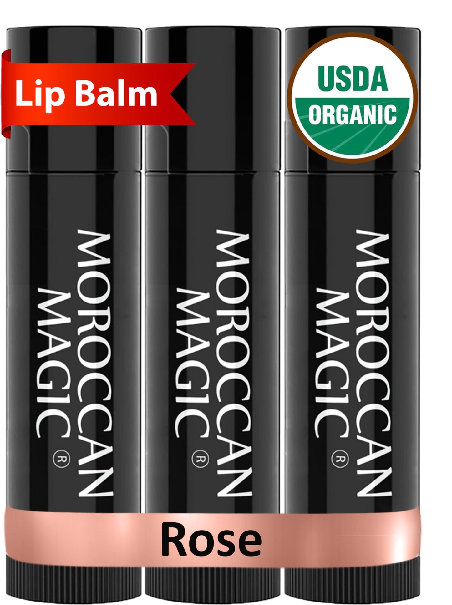 Moroccan Magic Organic Rose Lip Balm 3 Pack | Ultra-Hydrating Argan &amp;amp; Essential Oil Lip Moisturizer + Vitamin E | Natural Chapstick for Dry Lips | Smooth, Non-Toxic | Organic Lip Balm
