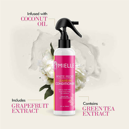Mielle Organics White Peony Leave-In Conditioner Spray - Ultra-Moisturizing Detangler for Curly & Natural Hair - Frizz Control & Moisture Seal - Color-Safe & Sulfate-Free, 8 Fl Oz