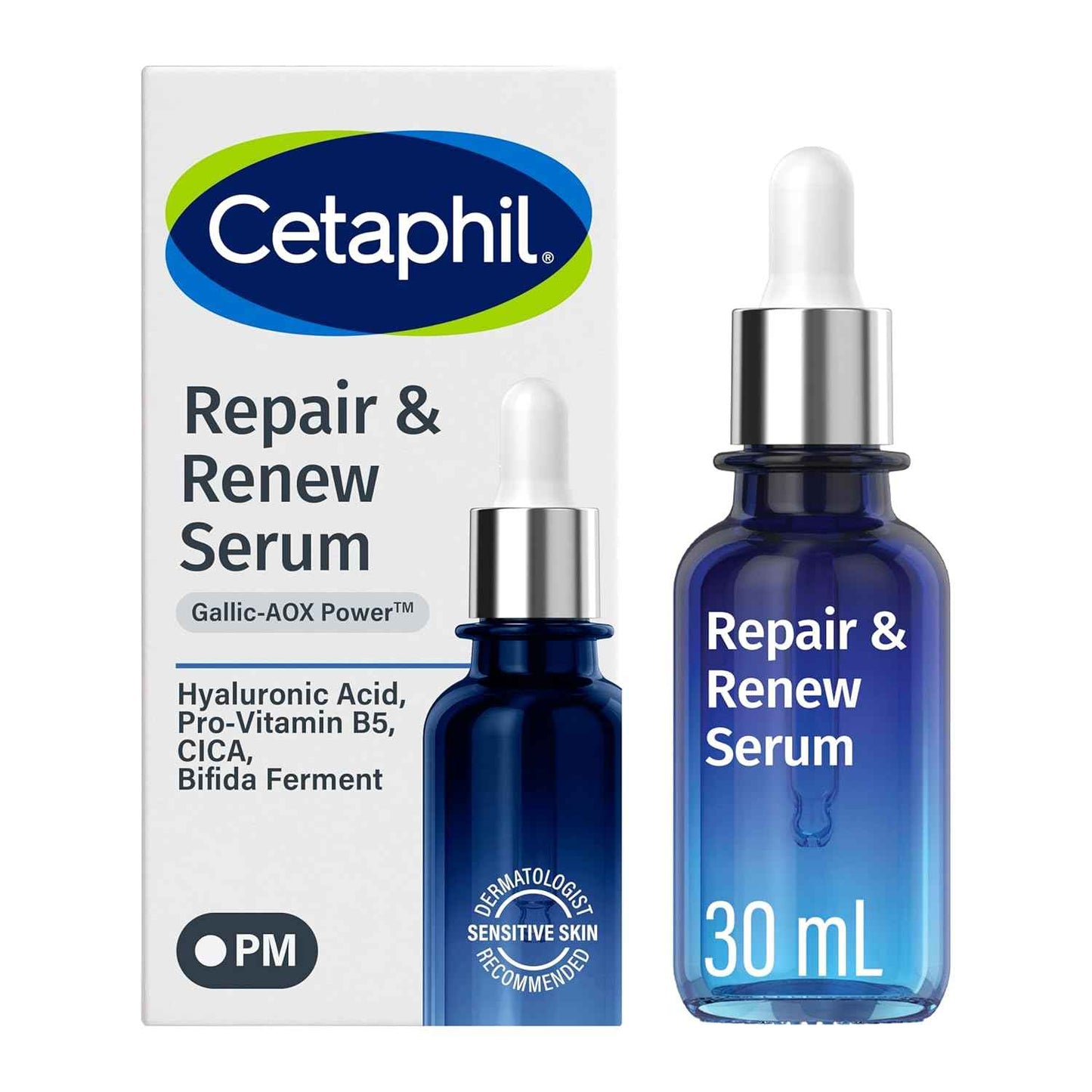 CETAPHIL Repair & Renew Night Serum for Stressed Sensitive Skin with Gallic Acid & Vitamin E, PM Face Serum, Repairs Skin Barrier Overnight, Dermatologist Recommended, 1 fl oz Dropper Bottle