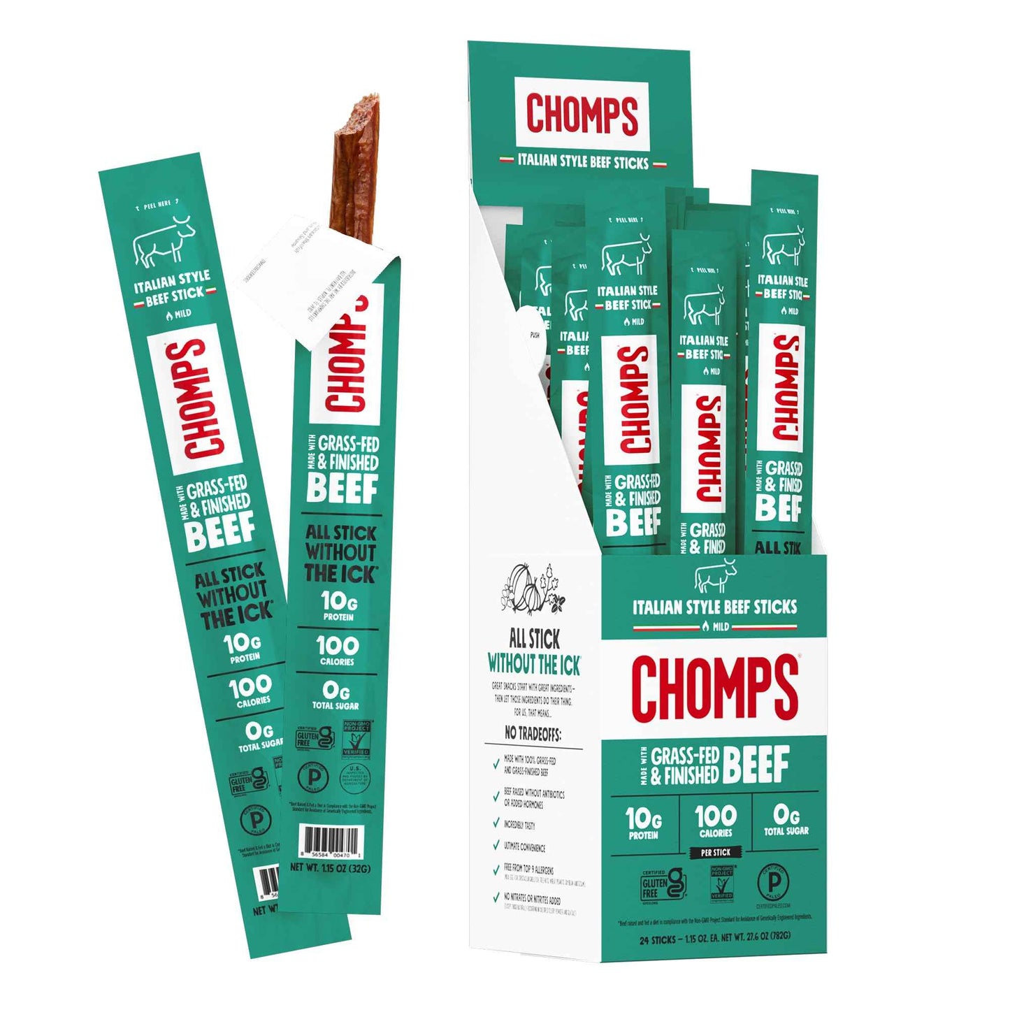 Chomps Grass-Fed and Finished Jerky Snack Sticks 24-Pack, Keto, Paleo, Whole30, 10g Protein, Gluten-Free
