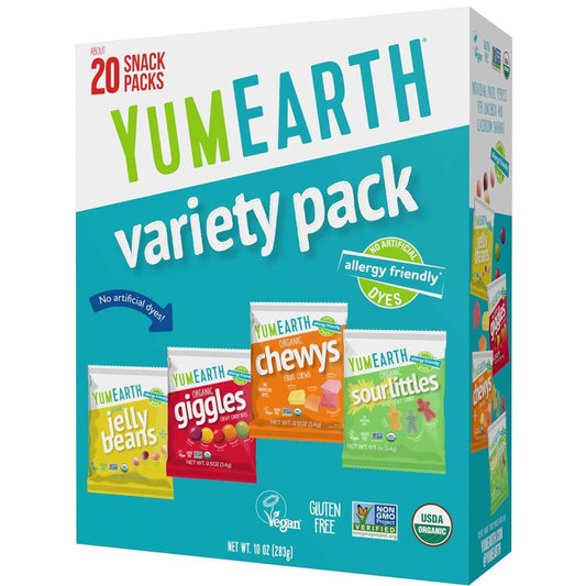 YumEarth Organic Variety Box - Jelly Beans, Giggles, Chewys, Sour Littles - Allergy Friendly (Top 9 Free), No Artificial Dyes, Non GMO, Gluten Free, Vegan -Individually Wrapped (Pack of 20)
